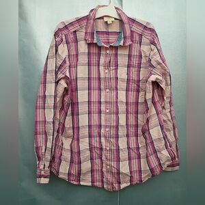 St. John's Bay Women's Pink and Blue Plaid Button-Down Shirt